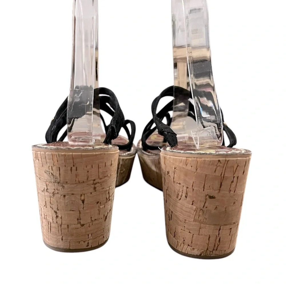 Sam Edelman Reana 3D Black Strappy Leather Cork Wedge Sandals Size 8.5